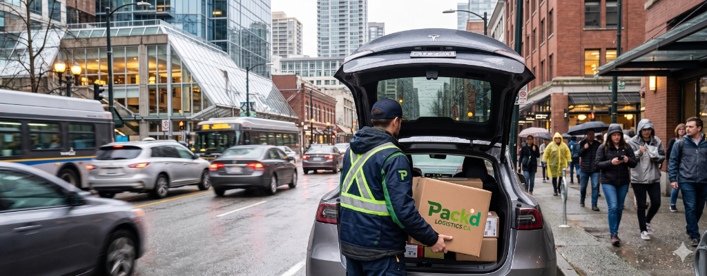 Pack'd Logistics electric vehicle fleet at Vancouver loading dock